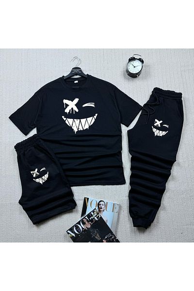 khufu Oversize BLACK Relaxed Fit Smiling Face Printed T-shirt Black Shorts and Sweatpants 3-Piece Set Unisex