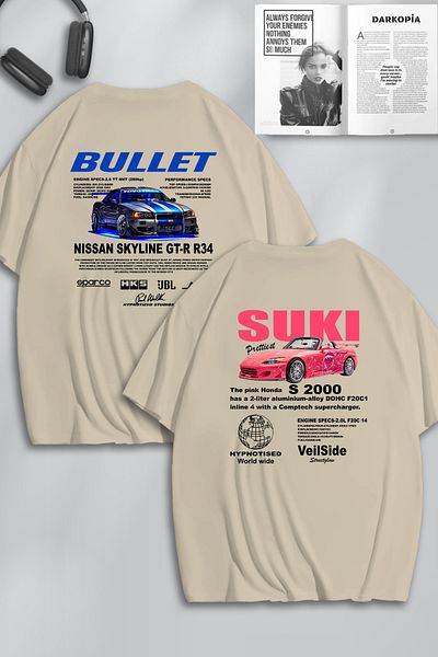 macklin Unisex Fast and Furious Bullet & Suki Back Printed Lover Couple Combination Design Oversize T-shirt 2-Piece
