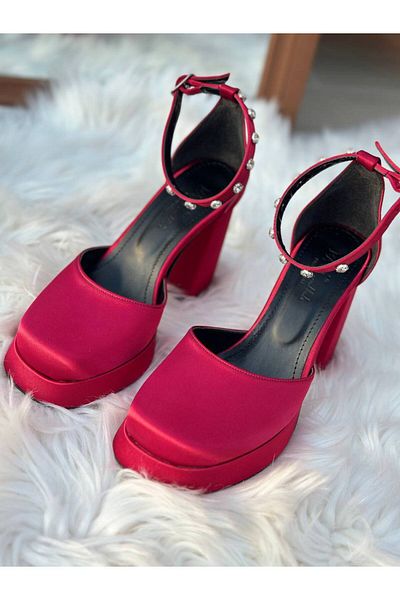 Favi Ayakkabı Burgundy Satin Stone Detailed Toe Platform Heeled Evening Dress Shoes