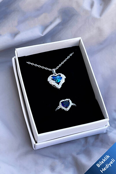 The Collection Okyanusun Kalbi Çelik Kolye Ve Mavi Zirkon Ayarlanabilir Yüzük