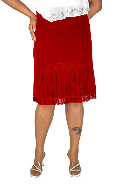 LADY FANCY Women's Red Plus Size Pleated Lace Embroidered and Jewelled Skirt