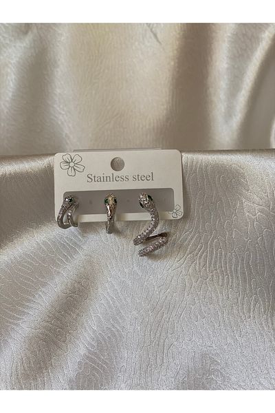 Magicway 3-Piece Steel Green-White Zircon Cubic Zirconia Snake Pattern Gold and Silver Earrings