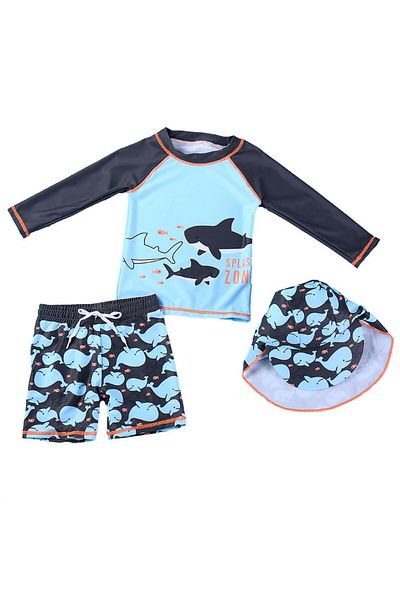Petityu Upf50+ Sun Protection Navy Long-Sleeved Shark Print 3-Piece Swimsuit Set Hat T-Shirt Shorts