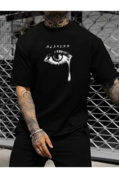 HEAVEN WEAR Unisex Sadness Printed Crew Neck Oversize Μαύρο T-Shirt