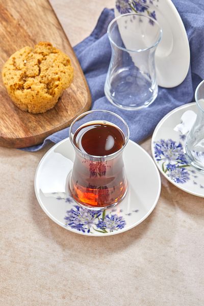 ŞAKİLATA CONCEPT 6-Person 12-Piece Porcelain Morsumbul Tea Set - with Glass Cup
