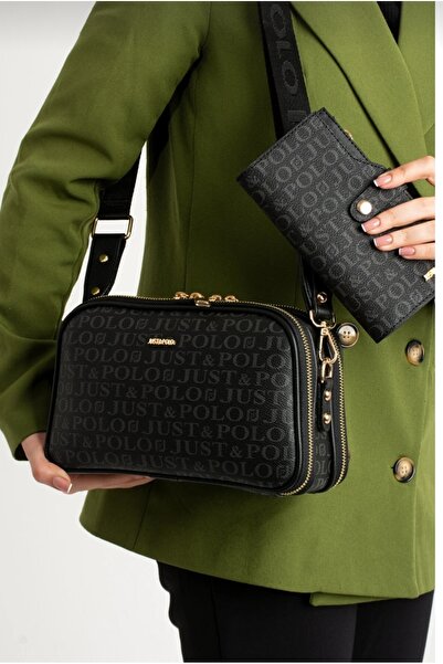Just Polo Women's Black Shoulder Bag AND Wallet Combination