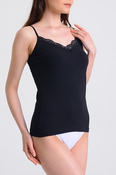 LEYNA BUTİK Cotton Lace Lycra Rope Strap V-Neck Black Tank Top
