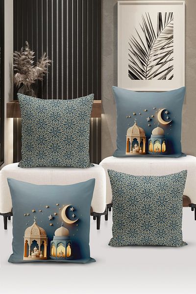 Bertille Home Seria Ramadan Set de 4 huse de pernă cu imprimare digitală pe două fețe (Set de huse de pernă Ramadan)
