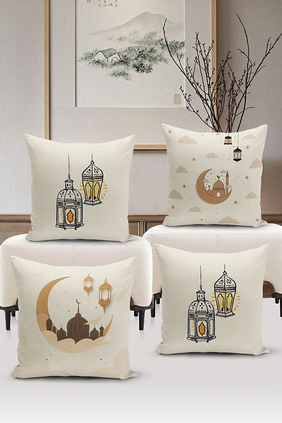 Bertille Home Ramadan Series Double Sided Digital Printed 4-Piece Throw Pillow Case Set (Ramadan Cushion Cover Set)