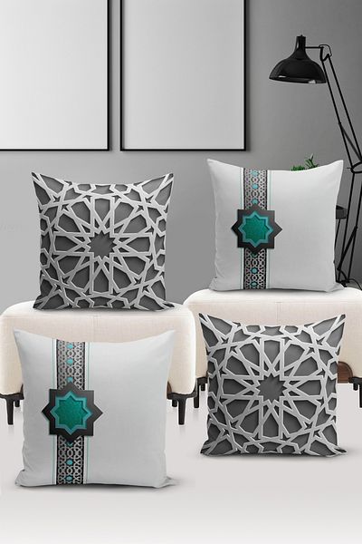 Bertille Home Seria Ramadan Set de 4 huse de pernă cu imprimare digitală pe două fețe (Set de huse de pernă Ramadan)