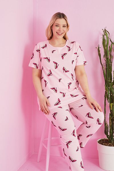 Siyah İnci Σετ Πυτζάμες Πλεκτό Curve Plus Size - Παπούτσια με ροζ σχέδιο