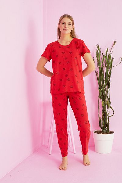 Siyah İnci Set de pijamale din bumbac tricotat cu model flori roșii