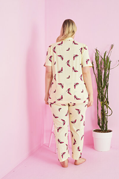 Siyah İnci sarı ayakkabı desenli Örme Curve Büyük Beden Battal Boy Düğmeli Pijama Takımı