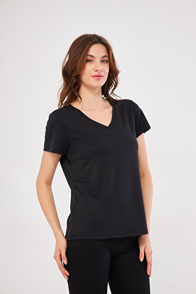 YÜKSEL IŞIK Αθλητικό μπλουζάκι V λαιμόκοψη Μασίφ Μαύρο Χρώμα