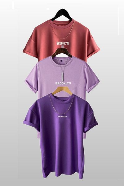 MODAGEN Μπλουζάκι Unisex Brooklyn Printed 3 Pack αποξηραμένο τριαντάφυλλο-λιλά-μοβ