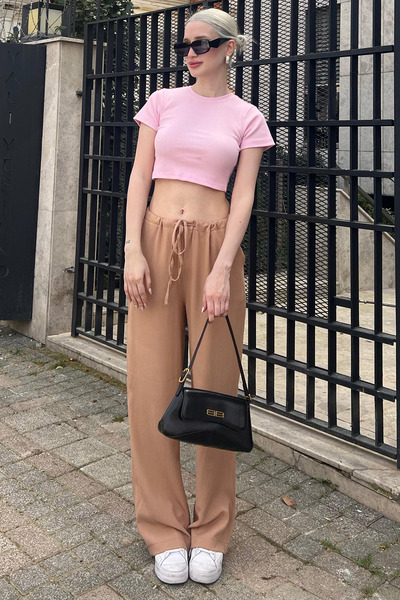 Madmext Camel Krinkıl Kumaş Basic Kadın Plaj Pantolon Mg1778