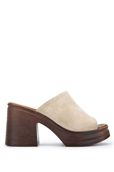 Tamer Tanca Women's Genuine Leather Beige Suede Heeled Slippers