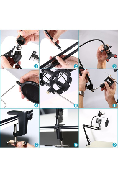 Coverzone Masa Tipi Mikrofon Standı 3 Eklemli Açısı Ayarlanabilir Kullanımı Kolay Mengene Tipi Stand MS61P