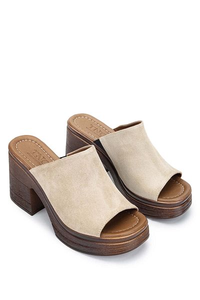 Tamer Tanca Women's Genuine Leather Beige Suede Heeled Slippers