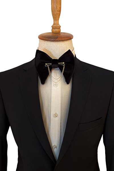 Kravatkolik Black Velvet Big Bow Tie with Gold Color Chain P1405
