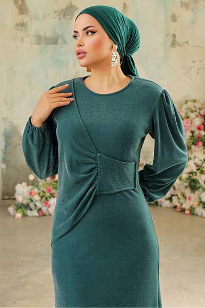 Bestenur Χακί Danla Glitter βραδινό φόρεμα 833