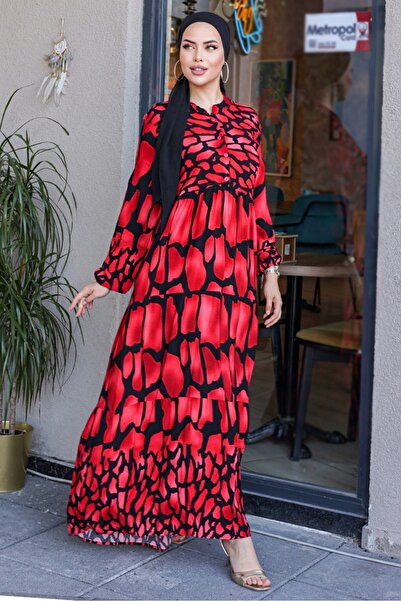 Bestenur Red Viscose Woven Piece Patterned Dress 852