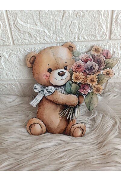 guluslazerkesim 15 CM ÇİÇEKLİ AYICIK  DESENLİ UV BASKILI AHŞAP KAPI SÜSÜ FİGÜ...