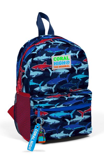 Coral High Rucsac Little Nest, albastru bleumarin, roșu, model rechin, două compartimente 23518