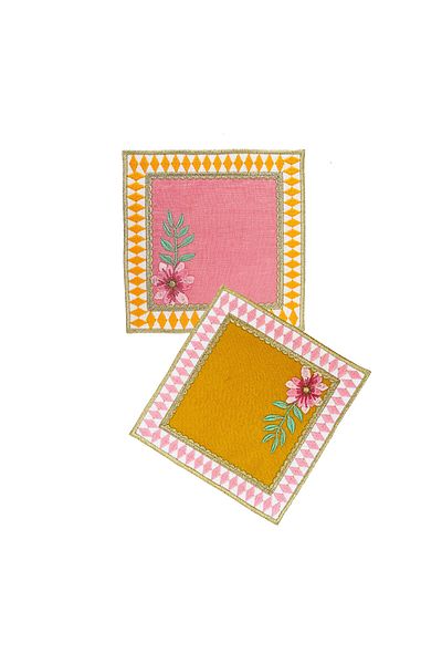 ge living La Majorelle Pink and Mustard Cocktail Napkin - Compatible Set of 2