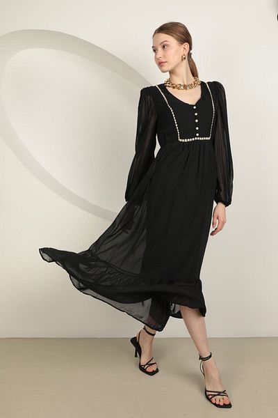 RICHMOST Women's Dress with Guipure Detail on Collar and V-neck Long Sleeve Plain Fit Chiffon Fabric Black Summer/Spring