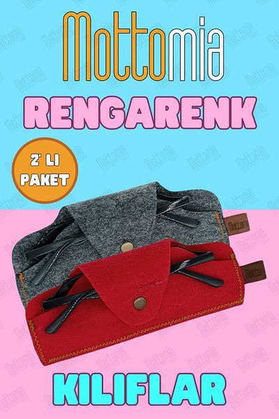mottomia Double 2 Colors Dark Gray and Red Felt 100% Handmade Sun and Reading Glasses Case