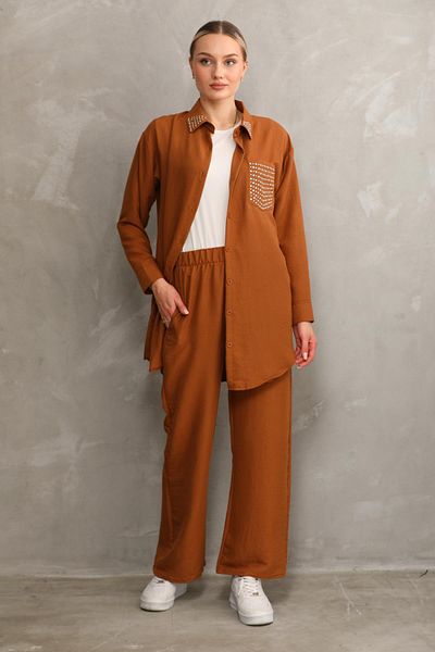 WestBound Women's Jewelled Hijab Double Summer Tunic Trousers Top and Bottom Set - Brick