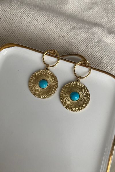 fuya design Ethnic Steel Earrings with Turquoise in the Middle of Round Plate