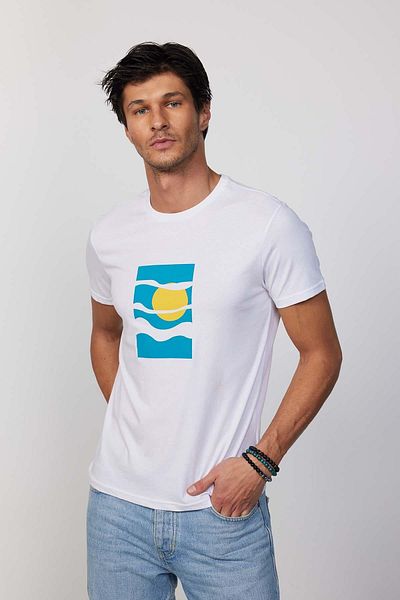 Tudors Ανδρικό T-shirt Slim Fit Slim Fit 100% βαμβακερό τυπωμένο λευκό μπλουζάκι με λαιμόκοψη
