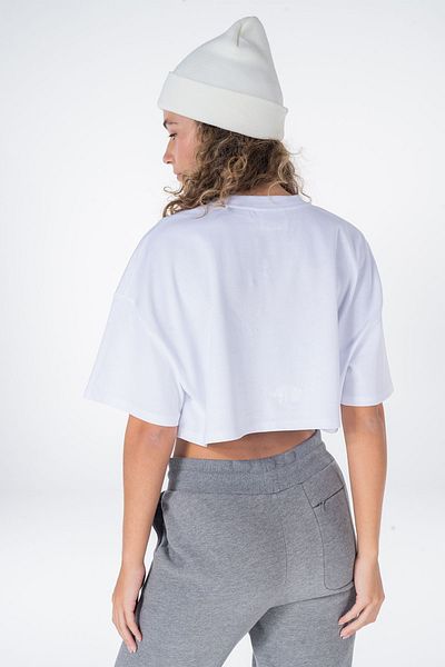 Friday Offset Tricou crop oversize, alb, 100% bumbac, pentru femei Monica