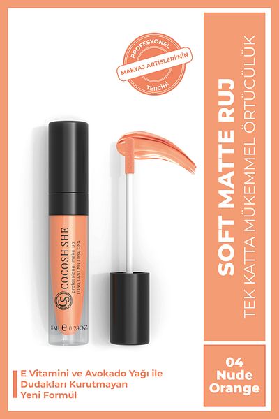 Cocosh She Soft Matte Liquid Matte Lipstick 04 Nude Orange, Vitamin E, Avocado Oil, Creamy Texture, Matte Finish, Non-Smudging