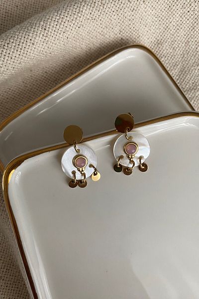 fuya design Sequin Dangle Steel Earrings on Mother of Pearl
