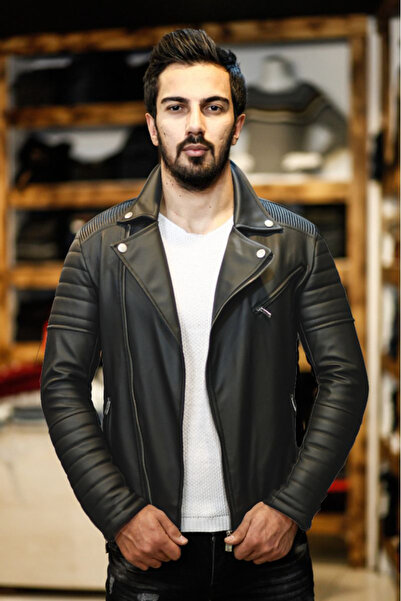 He Brand Men's Black Cross Zipper Leather Jacket