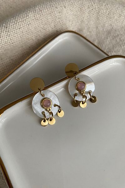 fuya design Sequin Dangle Steel Earrings on Mother of Pearl