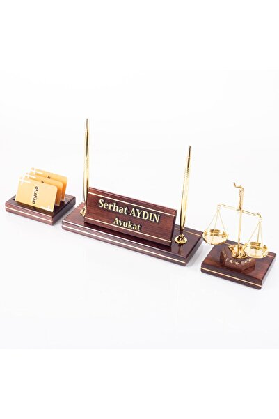 Ofistike Hakiki Maun Masa İsimliği Avukat Hakim Savcı Masa üstü İsimlik Pirinç Masif 3 Parça Terazi Heykeli