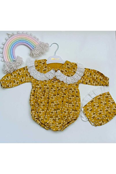 Bilge Trend KELEBEK BASKILI FİSTOLU MÜSLİN ROMPER BADİ TULUM  VE ŞAPKA TAKIM