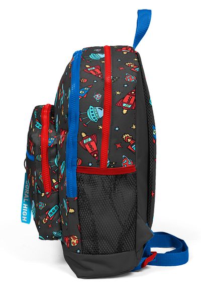 Coral High Kids Dark Gray Red Space Patterned Four Compartment School Backpack 23469