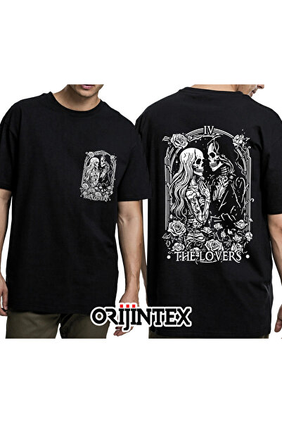 orijintex Tarot Card the Lovers Front Back Printed Unisex Black Tshirt