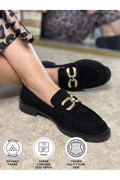 İmerShoes Mocasini de damă de zi cu zi din piele întoarsă neagră, clasici, cu toc mic, lanț auriu, cu vârf oval, pantofi mocasin 100