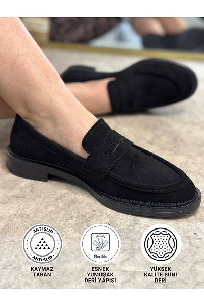 İmerShoes Zilnic Mocasin plat din piele întoarsă neagră de damă cu talpa clasica cu model Mocasin cu varf oval Pantofi simple eleganti 130