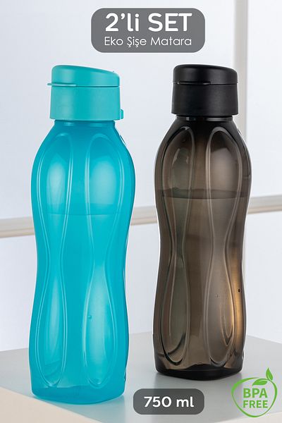 Meleni Home Set of 2 Eco Bottle Water Bottle - Practical Lid Water Bottle 2x 750 Ml Turquoise - Black