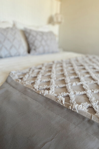 ARIKAN HOME Gri Renk Ayvalık Astarlı Şönil Kadife Geometrik Fırfır Premium Ka...