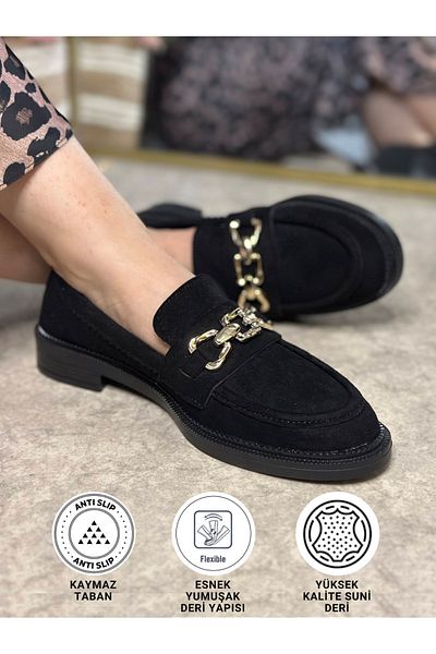 İmerShoes Mocasin de zi cu zi pentru femei de piele întoarsă neagră Mocasin clasic cu model cu toc joase cu talpa lant Pantofi cu varf oval 150
