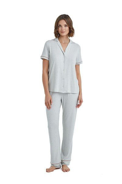 Blackspade Set de pijamale vâscoase pentru femei, cu mânecă scurtă, cu nasturi în față, cu inel gri C6T5N3O15
