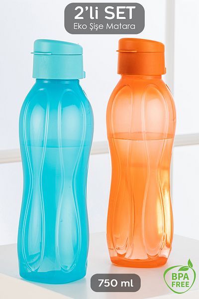 Meleni Home Set of 2 Eco Bottle Water Bottle - Practical Lid Flask 2x 750 Ml Orange - Turquoise